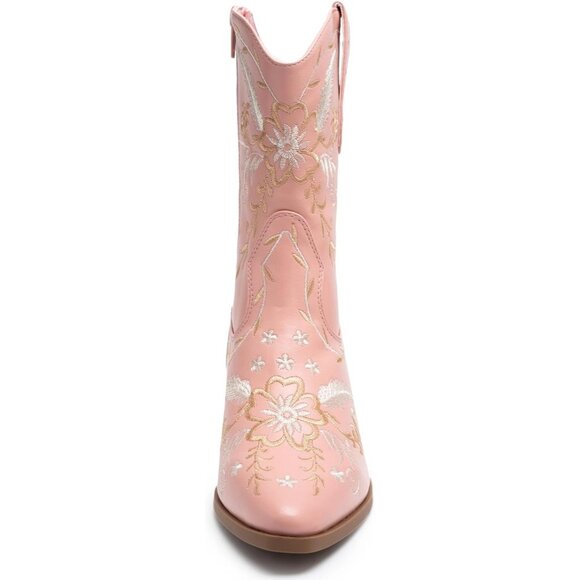 Anjoufemme Mid-Calf Booot Women Pink Polyurethane Embroidered Round-toe - Picture 4 of 8